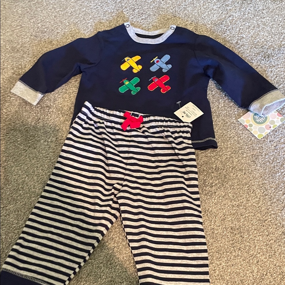 Little Me 9 months Blue Airplane Stripe Kids Set - BNWT